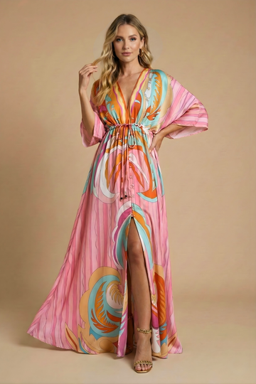 Women's Boho Abstract Print Maxi Dress - Deep V-Neck Batwing Sleeve Dress with Drawstring Waist and Front Split