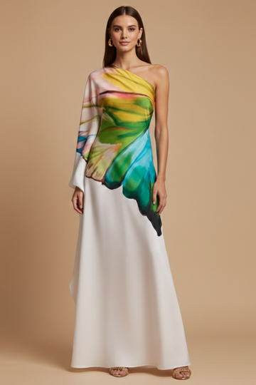 Women's One Shoulder Maxi Dress - Single Long Sleeve Abstract Print