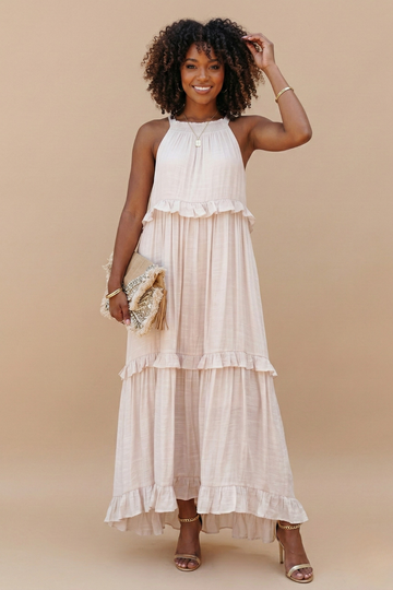 Women's Halter Neck Tiered Maxi Dress - Flowy Ruffle Hem Summer Dress with Pockets