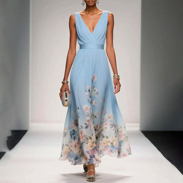 Women's Floral Border Print Sleeveless Maxi Dress - V-Neck