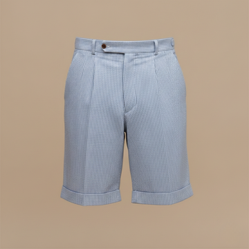 Men's Blue Seersucker Chino Shorts - High-Waist Striped Smart Casual Shorts with Pleat and Turn-Up Hem