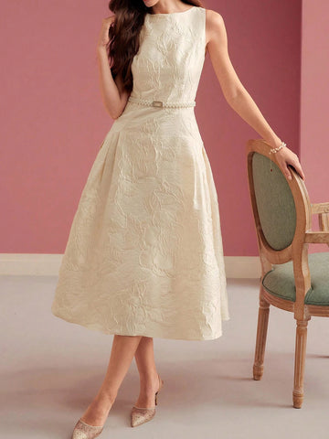 Women's Jacquard Floral A-Line Midi Dress - Boat Neck