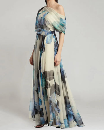Women's Asymmetrical Print Chiffon Maxi Dress - Long Sleeve Summer