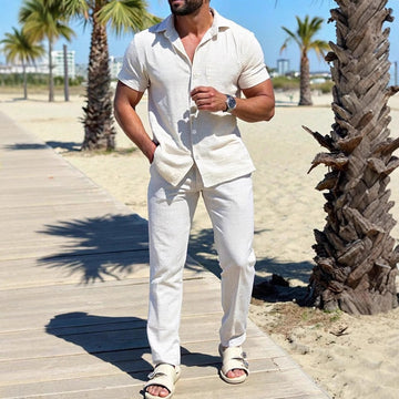 Men's Two Piece Set - Short Sleeve Shirt and Straight Leg Trousers