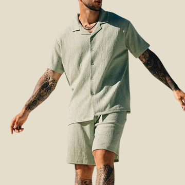 Men's Two Piece Set - Camp Collar Short-Sleeve Shirt and Elasticated Bottoms