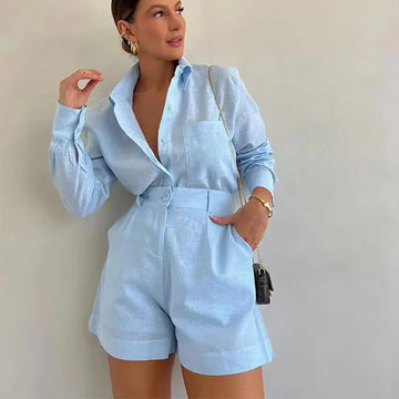 Women's Two Piece Short Set - Oversized Long-Sleeve Button-Front Shirt and High-Waist Shorts Casual Summer Style