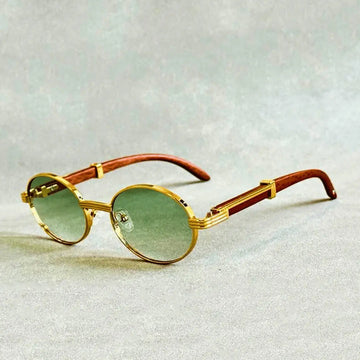 Round Metal Frame Sunglasses - Wood-Effect Temples