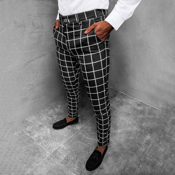 Men's Plaid Check Slim Tapered Leg Chino Trousers with Button and Zip Fly