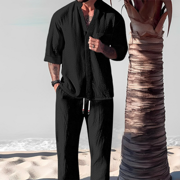 Men's Linen Two-Piece Set - Short Sleeve Shirt - Relaxed Trousers