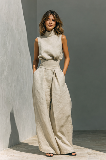 Women's Cotton Linen Two-Piece Set High Neck