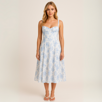 Floral Corset Midi Dress – Cotton A-Line with Pastel Print