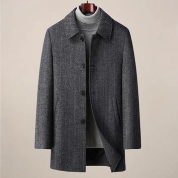Men’s Herringbone Car Coat – Point Collar, Button Front