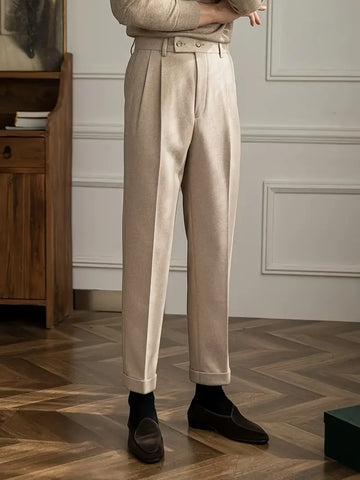 Pleated British Style Tailored Trousers - Straight Fit High Rise