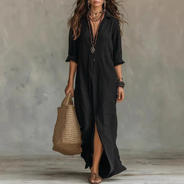 Women's Long Sleeve Button Front Shirt Maxi Dress - Turn Down Collar