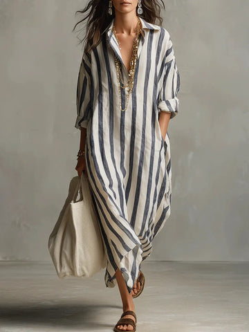 Women's Striped Long Sleeve Shirt Maxi Dress - Turn Down Collar