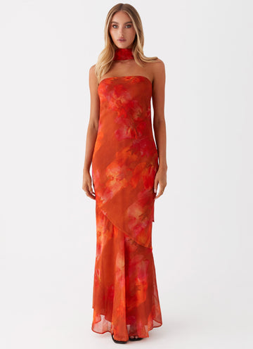Women's Abstract Print Strapless Bandeau Maxi Dress with Scarf