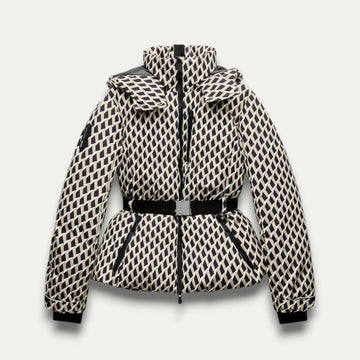 Women’s Beige Patterned Puffer Jacket – Belted, Water-Resistant, Insulated