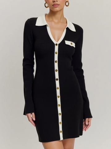 Women’s Mini Knit Dress – Contrast Trim, Collared, Button-Front