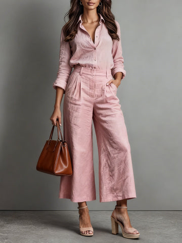 Women's Two Piece Set - Long-Sleeve Button-Down Shirt and High-Waist Wide-Leg Cropped Trousers Smart Casual Style