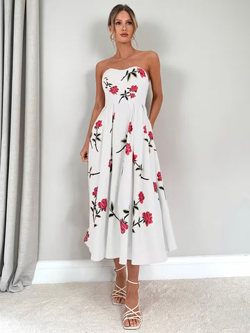 Women's Floral Print A-Line Strapless Dress - Off Shoulder Summer
