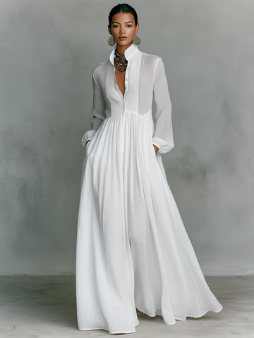 Women's Cotton Linen Maxi Dress Stand Collar