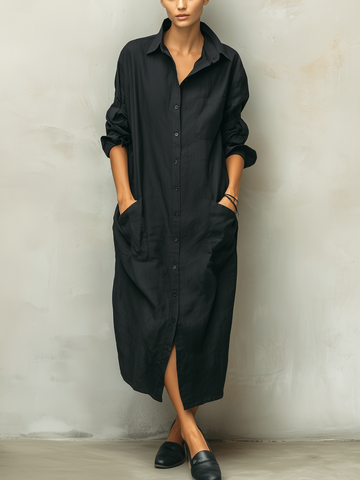 Women's Cotton Linen Shirt Midi Dress