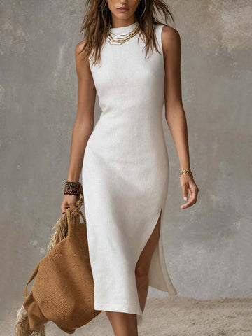 Women's Stand Collar Side Split Midi Dress - Sleeveless