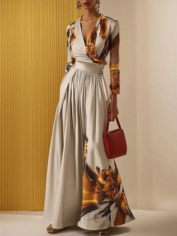 Women's Elegant Abstract Print Deep V-Neck Long Sleeve Wrap Bodice Wide-Leg Jumpsuit for Evening Occasions