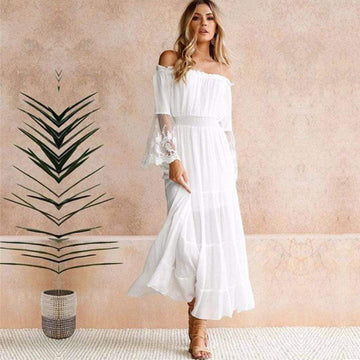 Women's White Elegant Off Shoulder Long Bell Sleeve Lace Embroidered Cuff Smocked Waist Maxi Dress for Evening Occasions