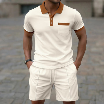 Men's Two-Piece Set Polo Shirt Drawstring Shorts