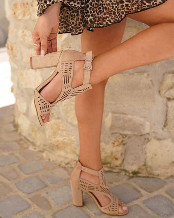 Women's Laser Cut Block Heels - Open Toe Ankle Strap Sandals