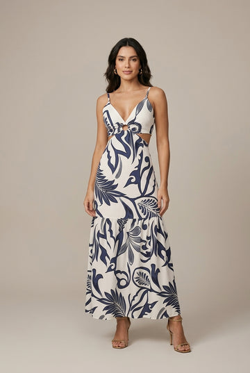 Women's Floral Print Hollow Waist Tie Maxi Dress