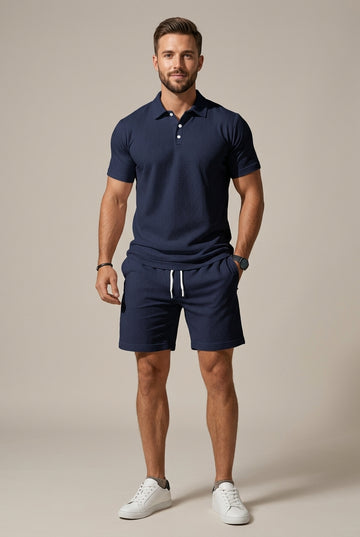 Men’s Textured Short Sleeve Polo Shirt and Drawstring Shorts - Two-Piece Set