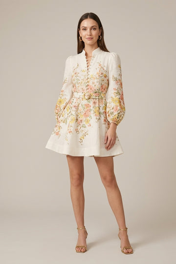 Women's Floral Print Mini Dress - Long Puff Sleeves - Ruched Bust
