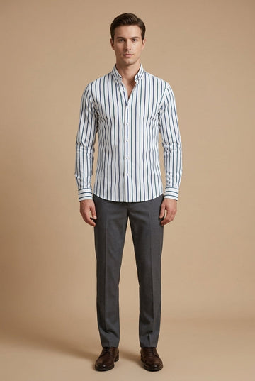 Men's Long-Sleeve Striped Dress Shirt - Button-Down Collar Slim Fit