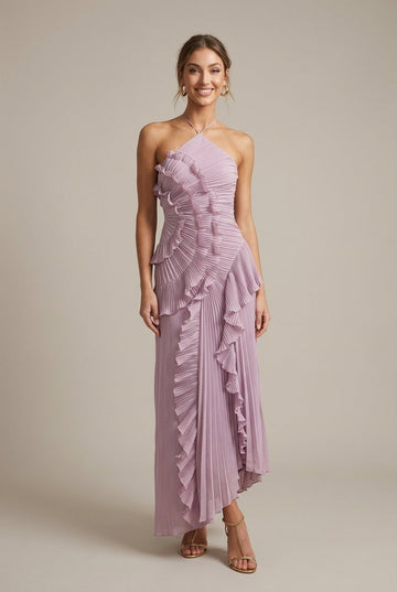 Women's Halter Pleated Ruffle Maxi Dress - Cross Back Tie