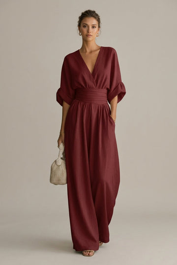 Women's V-Neck Wrap Front Wide Leg Jumpsuit - Three Quarter Sleeve