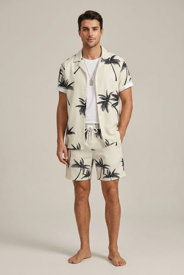 Men’s Palm Print Short Sleeve Shirt - Drawstring Shorts Two Piece Summer Set