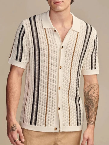 Men's Short-Sleeve Open Knit Shirt - Revere Collar Full Button Placket Vertical Stripe Casual Style