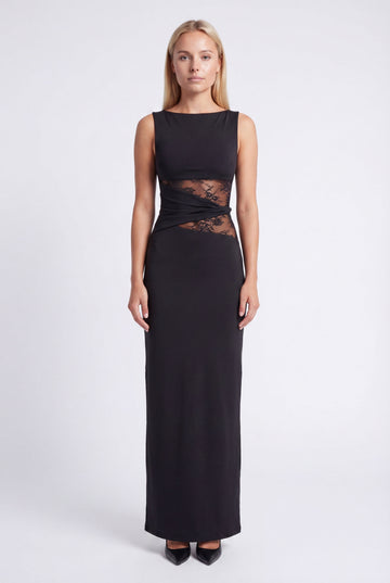 Women's Sleeveless Boat Neck Lace Panel Waist Maxi Dress