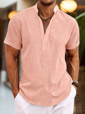 Men's Linen Henley Shirt - Short Sleeve - Button Placket