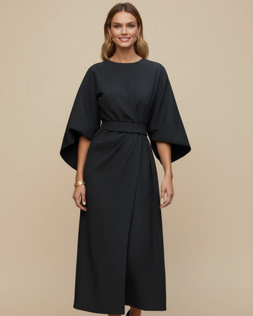 Women's Wrap Balloon Sleeve Midi Dress - Crew Neck Tie Belt
