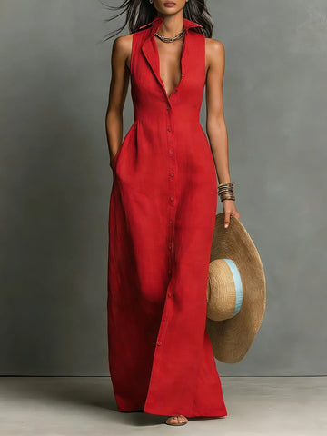 Women's Linen Maxi Dress Sleeveless Collared